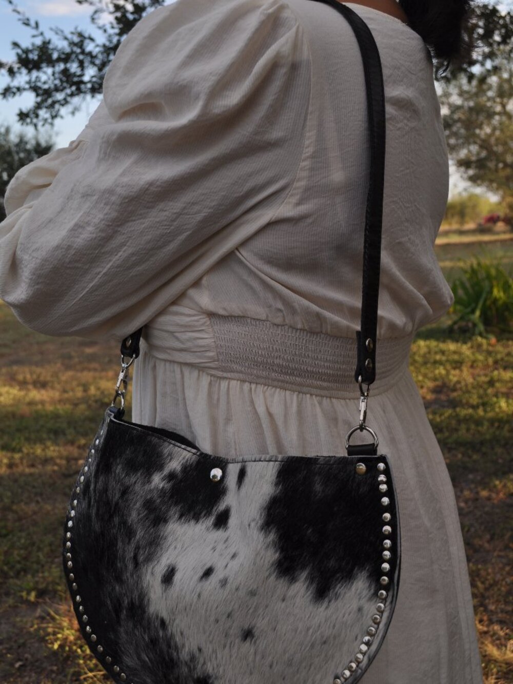 🖤 Black & White Cowhide Leather Crossbody Bag — $120